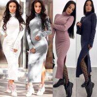 【Ladies shop】ฤดูหนาวที่อบอุ่นแฟชั่นผู้หญิงแขนยาวดินสอ Stitknibtting ขนสัตว์ยาว WhiteWomen Vestidos