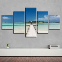 Lizhanmin Breath-Taking Beach Blue Sky White Cloud Island Seascape Canvas Picture Decor Room - 5 Piece Modular Art Set