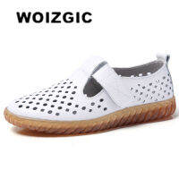 WOIZGIC แม่ของผู้หญิงหญิงหนังแท้สีขาวรองเท้ารองเท้าแตะรองเท้าไม่มีส้นรองเท้าหนังนิ่มตะขอห่วงกลางแจ้งชายหาดเย็นฤดูร้อนกลวง