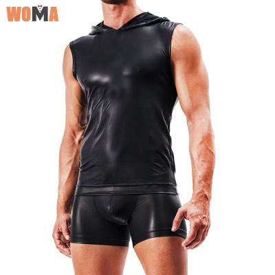 WOMA เสื้อหนัง Faux ผู้ชายเซ็กซี่ชุดชั้นในแบบตลกเซ็ตกางเกงชั้นในลำลองหนังแก้ว