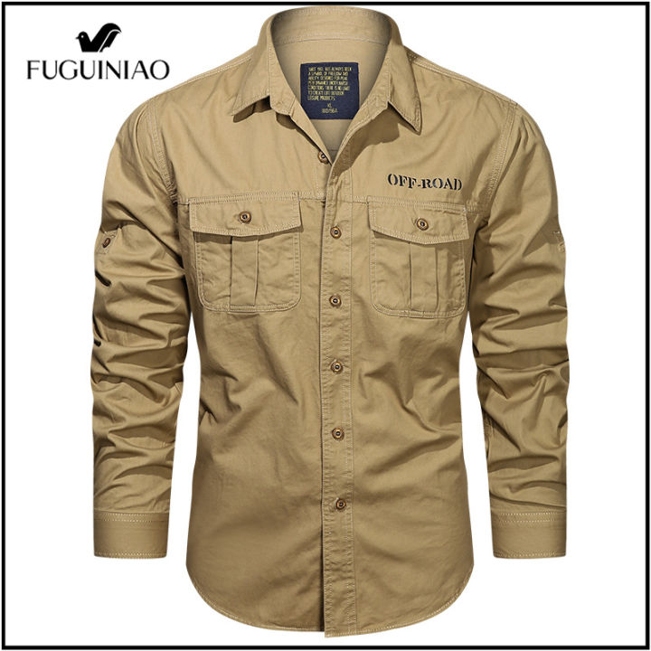 fuguiniao-เสื้อเชิ้ตลำลองมาใหม่2022-เสื้อผ้าฝ้ายผู้ชายเสื้อทหารเสื้อลำลอง