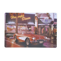 ป้ายสังกะสีวินเทจ Hubcaps Diner with Chevrolet Corvette, ขนาด 20x30 ซม