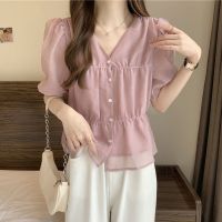 French Style Unique Chic Belly-Covering V-Neck Chiffon Blouses For Women Summer Fashion Elegant Small Shirt Puff Short Sleeve T-Shirt