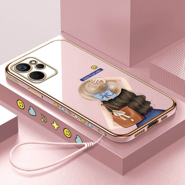 คลังสินค้าพร้อม-เคสเคสมือถือสำหรับ-realme-9i-5g-พร้อมสายคล้อง-ฝาหลังนิ่มชุบเคลือบขอบสี่เหลี่ยมสำหรับเด็กผู้หญิงหมวกการ์ตูน