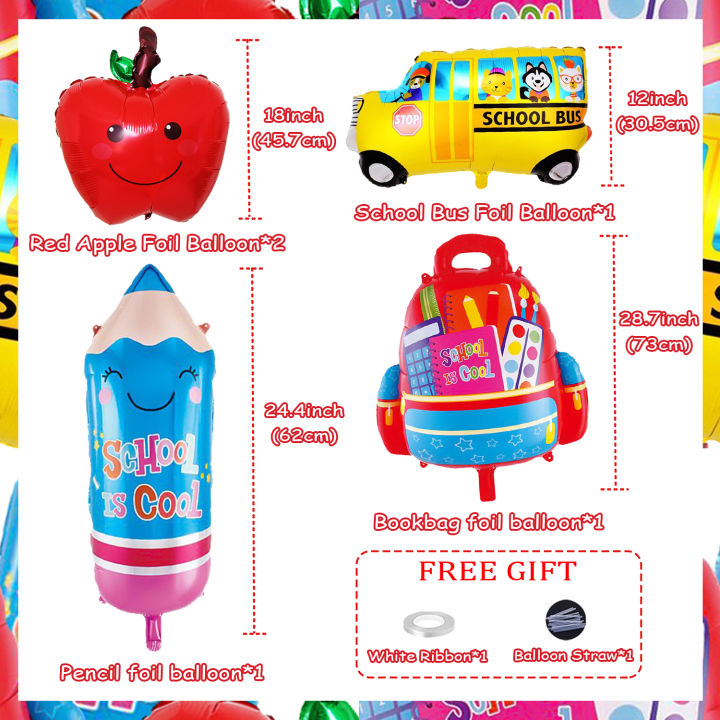 jollyboom-ชุดตกแต่งธีมบอลลูน-apple-กระเป๋านักเรียนรถโรงเรียนรถโรงเรียนหลากสีกระเป๋านักเรียน-apple-ดินสอลูกโป่งฟอยล์ห้องเรียนชุดตกแต่งธีม