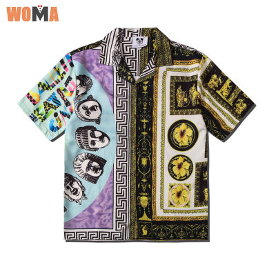 WOMA เสื้อแขนสั้นผู้ชาย,เสื้อพิมพ์ลายเสื้อลำลองปกหลวมเสื้อบุรุษและสตรีหล่อเสื้อปกแขนสั้นวินเทจ