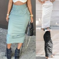 Women Elastic High Waist Maxi Long Straight Cargo Skirt Side Ruched Drawstring Solid Loose Streetwear Pockets M22 21 Dropship