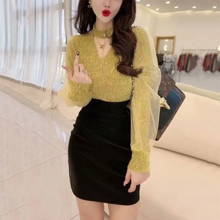 เสื้อผู้หญิงดีไซน์ใหม่2023แข็งแน่นสไตล์เกาหลีสีเสื้อยืดผู้หญิง-v-คอผ้าพันคอเย็บปะติดปะต่อกันขนาดใหญ่พิเศษเสื้อผู้หญิง