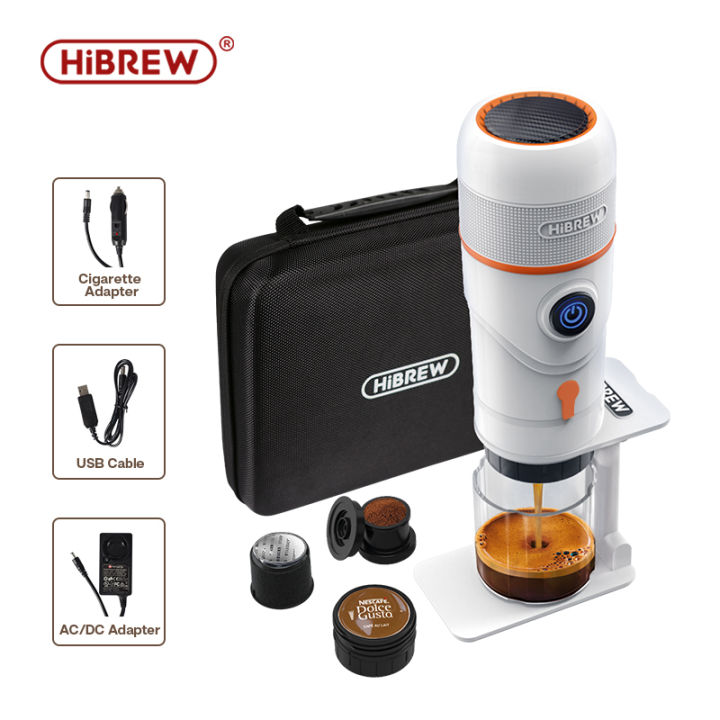 HiBREW H4A 80W Portable Car Coffee Machine with Stand Travel Bag, Hot/Cold  3-in-1 Multiple Capsule Coffee Maker - White 