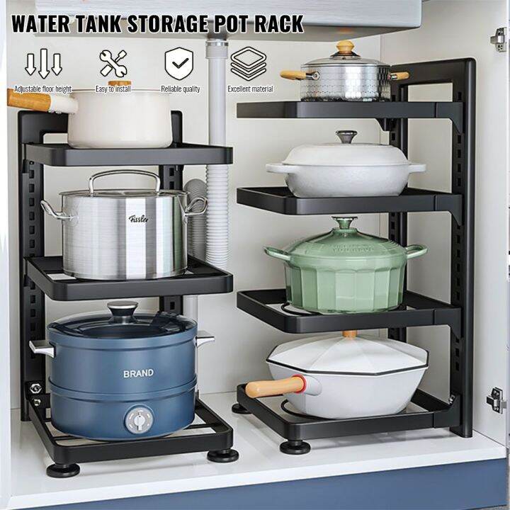 Kitchen Pan Organizer Pot Rack Adjustable Under Sink Countertop