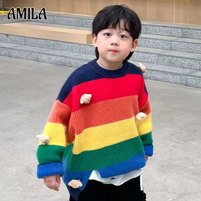 AMILA เสื้อสเวตเตอร์ถักสีรุ้ง MODE Korea เสื้อกันหนาวเด็กผู้ชาย เสื้อฤดูใบไม้ร่วงและฤดูหนาวเด็ก