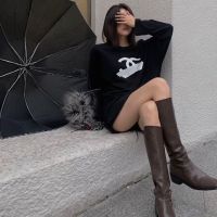 2023 Genuine  Womens Korean style loose sweatshirt 2021 spring and autumn new style Internet celebrity small fragrance simple casual long-sleeved round neck top black