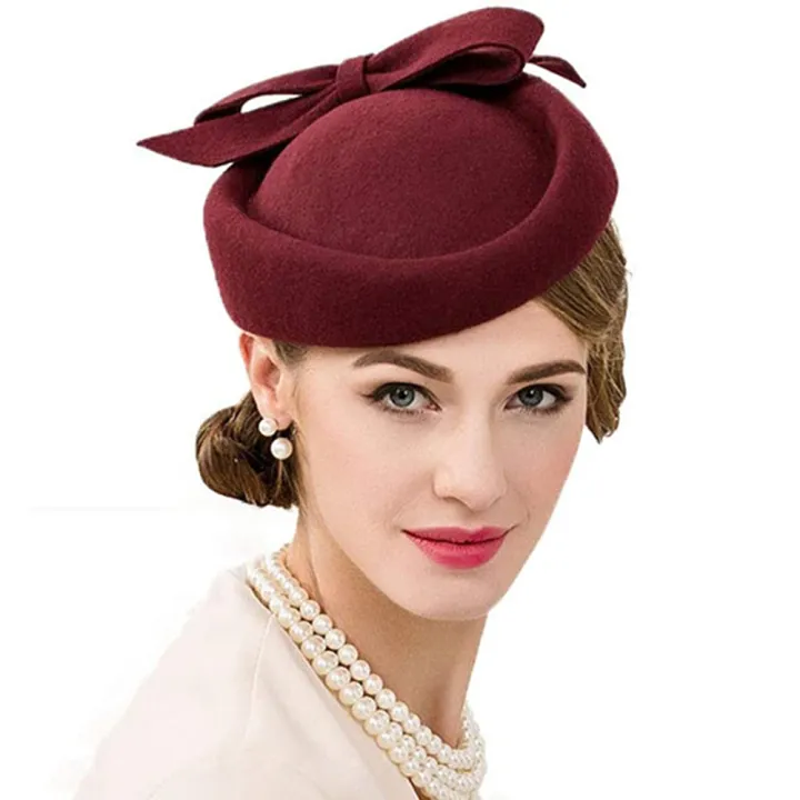 British Red Black Wool Felt Pillbox Hat Retro Fascinator Wedding Church ...