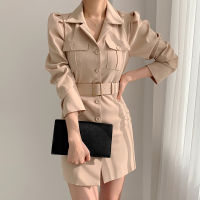 Korean Chic French Retro Suit Collar Double Pockets Single Breasted Waist Slimming Long-sleeved Dress with Belt Women