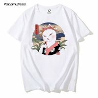 Japan Style Men T Shirts Japanese Neko Geisha Print Men Tshirt Cute Cat Tshirt Unisex Streetwear Clothes O-Neck Tee