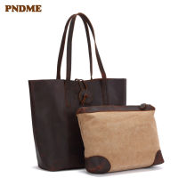 Vintage genuine leather men and women handbags casual simple natural crazy horse cowhide shoulder shopping bag work tote bag