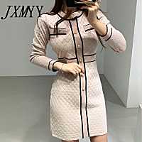 JXMYY 2021 New Runway Spring Small Fragrance Knitting Dress Women Splice Single-breasted Long Sleeve Sweater Dress Round Collar