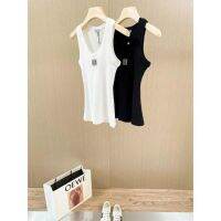 Looks Great When Worn Alone! Contrast Color Embroidered Sleeveless Vest For Women Versatile Fit Black And White Stretch Bottoming Shirt