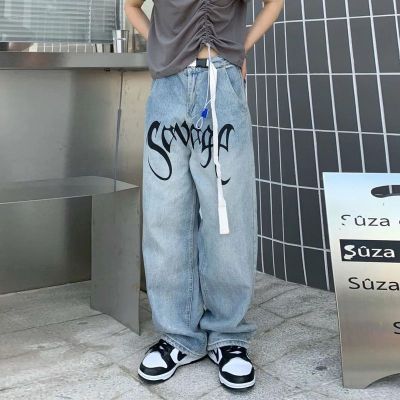 American Streetwear Jeans Hip-hop Letters Printed Loose Belt Trousers Men Retro Hong-kong Style Wide-leg Mopping Baggy Y2k Pants