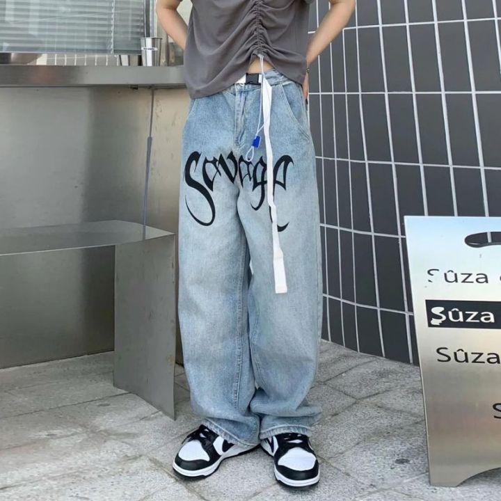 american-streetwear-jeans-hip-hop-letters-printed-loose-belt-trousers-men-retro-hong-kong-style-wide-leg-mopping-baggy-y2k-pants