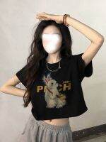 ✘ Right shoulder black hot girl high-waisted slim T-shirt short-sleeved womens summer 2023 new niche non-colliding loose top