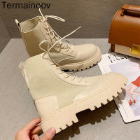 Termainoov Women Boots Winter Boots for Women Motorcycle Boots Thick Heel Lace Up Platform Ankle Brm Shoes Fashion Boots