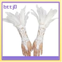 BTTJ0 สีขาวขาว ถุงมือยาวขนนก งานปัก ลูกไม้ขนนก แขนตาข่ายโกธิค ของใหม่ ถุงมือสำหรับงานแต่งงาน ปาร์ตี้ฮาโลวีน