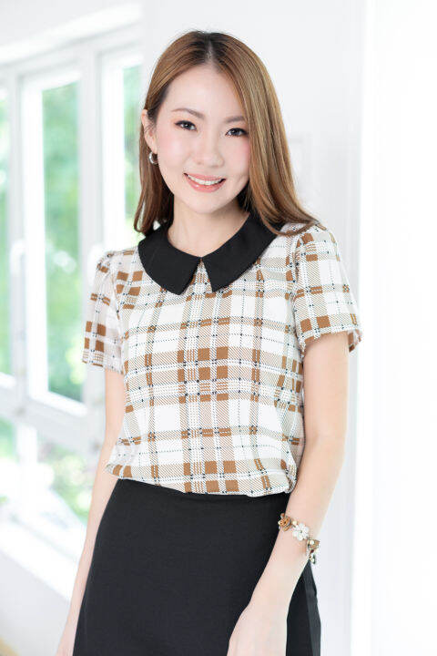 narinari-mt1301-point-collar-checked-blouse-เสื้อทำงาน