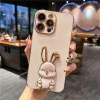 Cute Rabbit Bracket Holder Plating Case For Samsung Galaxy S23 Ultra S22 S21 S20 FE S10 Note 20 10 Plus A24 A34 A54 Soft Cover