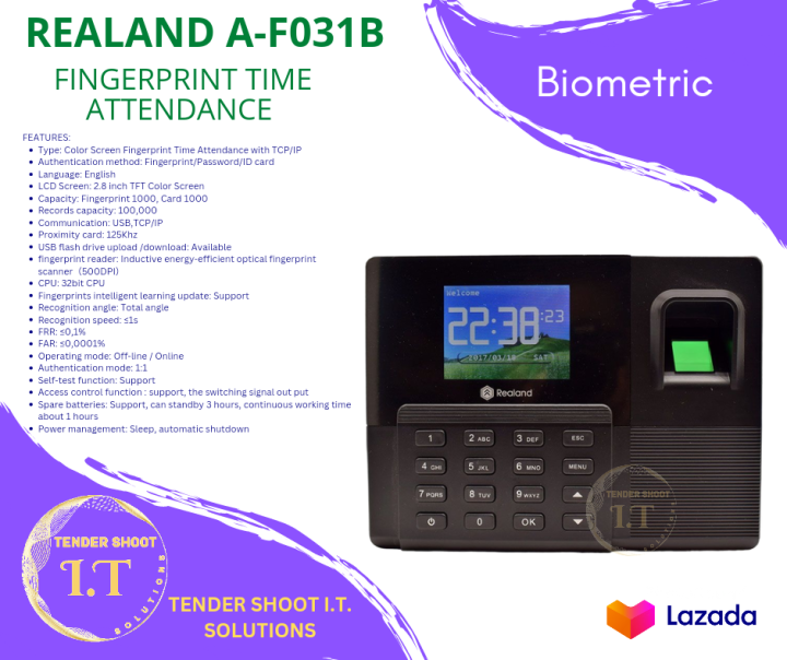 Realand A-F031B AF031B Fingerprint Time Attendance Biometric Machine ...