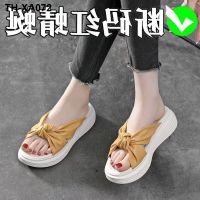 Wedge slippers womens fashion outerwear 2023 summer new fish mouth leather bow slippers casual thick-soled sandals