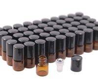 50Pcs 1Ml Amber Glass Vials Roll On Bottle Roller Bottle With Stainless Steel Roller Ball Lid-Perfect Sample For Essential Oils