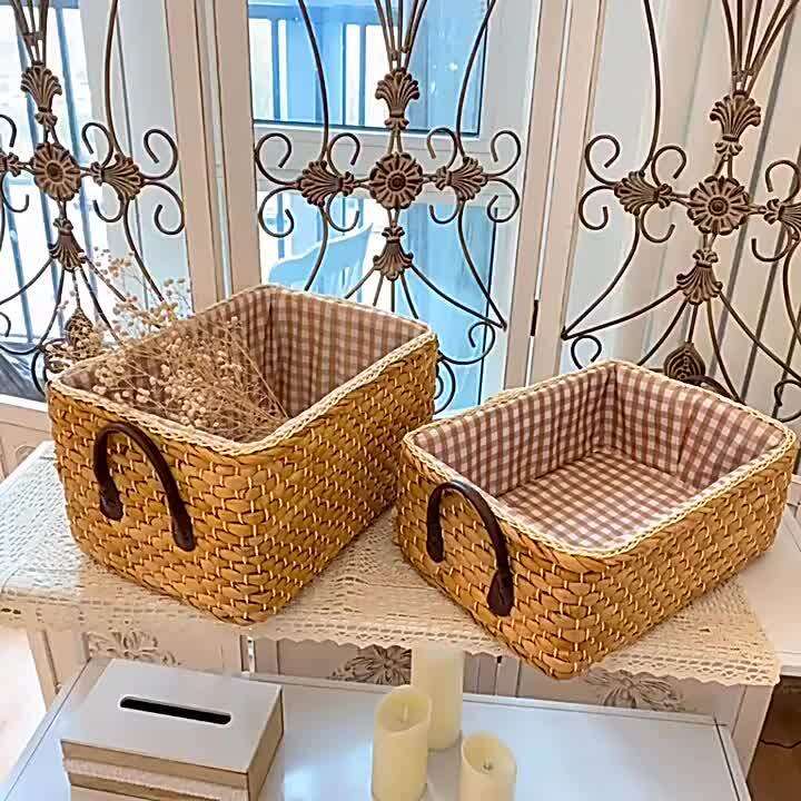 1pcs Decorative Water Hyacinth Wicker Storage Basket with Wooden Handles -  Multipurpose Plant and Sundries Organizer for Bathroom, Bedroom, and Living