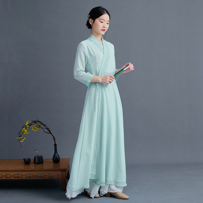 ชุดสูทสไตล์จีนสำหรับผู้หญิงชุดน้ำชาจีนเซนผ้าชีฟองชุดชุดจีนสไตล์จีนใหม่2021