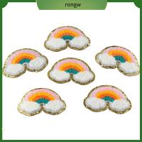 RONGW 6pcs รีดบน แพทช์กำมะหยี่แวววาว ด้ายไหมกำมะหยี่ พร้อมขอบเลื่อมสีทอง แผ่นติดด้วยการรีด แพทช์ chenille สายรุ้งสีรุ้ง แพทช์ปักเก๋ แจ็กเก็ต