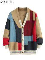 ZAFUL คาร์ดิแกนเสื้อกันหนาวสำหรับผู้ชาย Colorblock ปุ่มบิน Streetwear Cardigans ฤดูใบไม้ร่วงฤดูหนาวไม่มีปกแขนยาวเสื้อกันหนาวเสื้อ