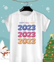 เสื้อยืดลาย ปีใหม่ Happy New Year &amp; Merry Christmas 2023 ลายน่ารักๆ ผ้า TK ใส่สบาย สีสันสดใส ไม่ยืดไม่ย้วย