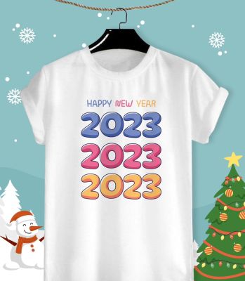 เสื้อยืดลายปีใหม่ Happy New Year &amp; Merry Christmas 2023 ลายน่ารักๆ ผ้า TK ใส่สบาย สีสันสดใส ไม่ยืดไม่ย้วย