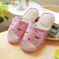 【CW】 2019 new linen slippers ladies living home anti-skid thick cute cartoon indoor summer floor cooler