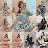 pajamas ❆✨✨พร้อมส่ง✨✨ ชุดนอนผ้าซาติน คอปก ผ้าลื่น ใส่สบาย 2ชิ้น เสื้อแขนสั้น+กางเกงขายาว ไซส์xxl ลายน่ารักๆ มีลายเยอะๆให้เลือก✰