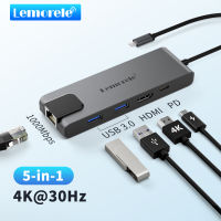 Lemorele อะแดปเตอร์ USB C ฮับ-USB C 5 In 1อะลูมิเนียมพร้อม1Gbps Ethernet 4K HDMI 100W PD 2 USB-A USB C แท่นวางมือถือสำหรับ MacBook Air /Pro iPad สวิตช์หน้าต่างรถยนต์