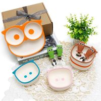 4PCS Baby Soft Silicone Sucker Bowl Plate Spoon Fork Sets Cartoon Owl Non-slip Tableware Childrens Feeding Dishes BPA Free Bowl Fork Spoon Sets