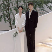 ชุด Wedding Dress Long Sleeve Satin Gown Korean Style Light Wedding Dress Simple V-neck Bridal Long Sleeve Welcome Wedding Veil Fishtail Waist Slimming White Satin Gown H209 ชุด แต่งงาน