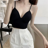 ECMLN Sexy Deep V Satin Crop Tops Women T-shirt Cropped with Chest Padded Camisole Korean Style Tank Top