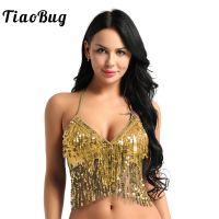 Tiaobug Women Fashion Halter Bra Top With Sequins Tassel Latin Belly Dance Costume Club Party Festival Rave Dance Sexy Crop Tops