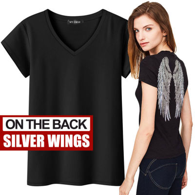 Fashion Sequin Angel Wings T-shirt Woman Causal Tops Novelty Half Sleeve O-neck T Shirt New Summer Loose Sexy Appliques T-shirts