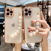 ○ 6D plating Wrist Chain Strap phone case For iPhone11 Pro MAX 7 8 Plus X XR XSMax 12 ProMax Bling Pearl bracelet Back Cover Coque