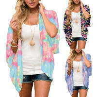 Boho Tie Dye ชุดว่ายน้ำ COVER up เสื้อชีฟอง sarong Cardigan Tops 2023ผู้หญิง COVER-UPS Beach พัฟแขน kimono Pareo