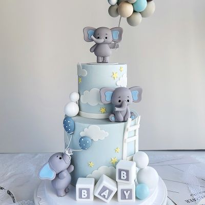 【CW】✖☢  Baby Elephant Toppers Gray Soft Rubber Ornament Kids 1th Birthday Shower Decoration
