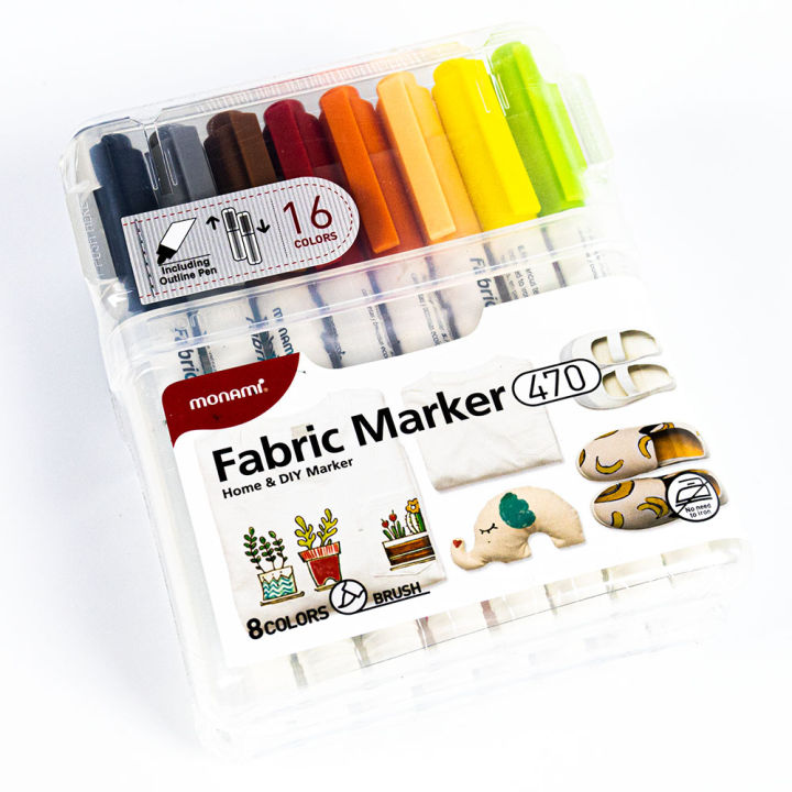 monami-fabric-marker-470-brush-box-16-colors-ปากกามาร์คเกอร์เขียนผ้า-แบบหัวแปรง-ชุด-16-สี-ของแท้